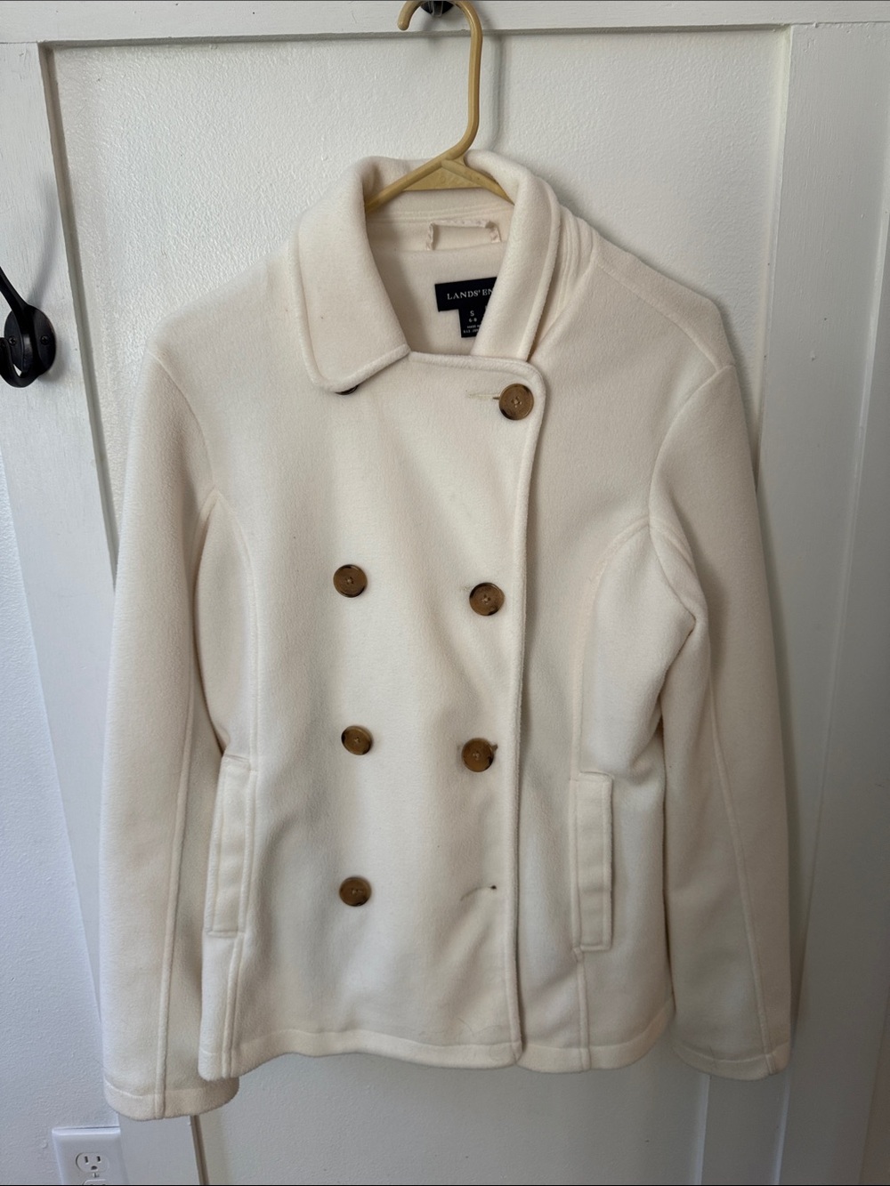 Lands' End Women's Off-White Double-Breasted Peacoat with Wood-Tone Buttons